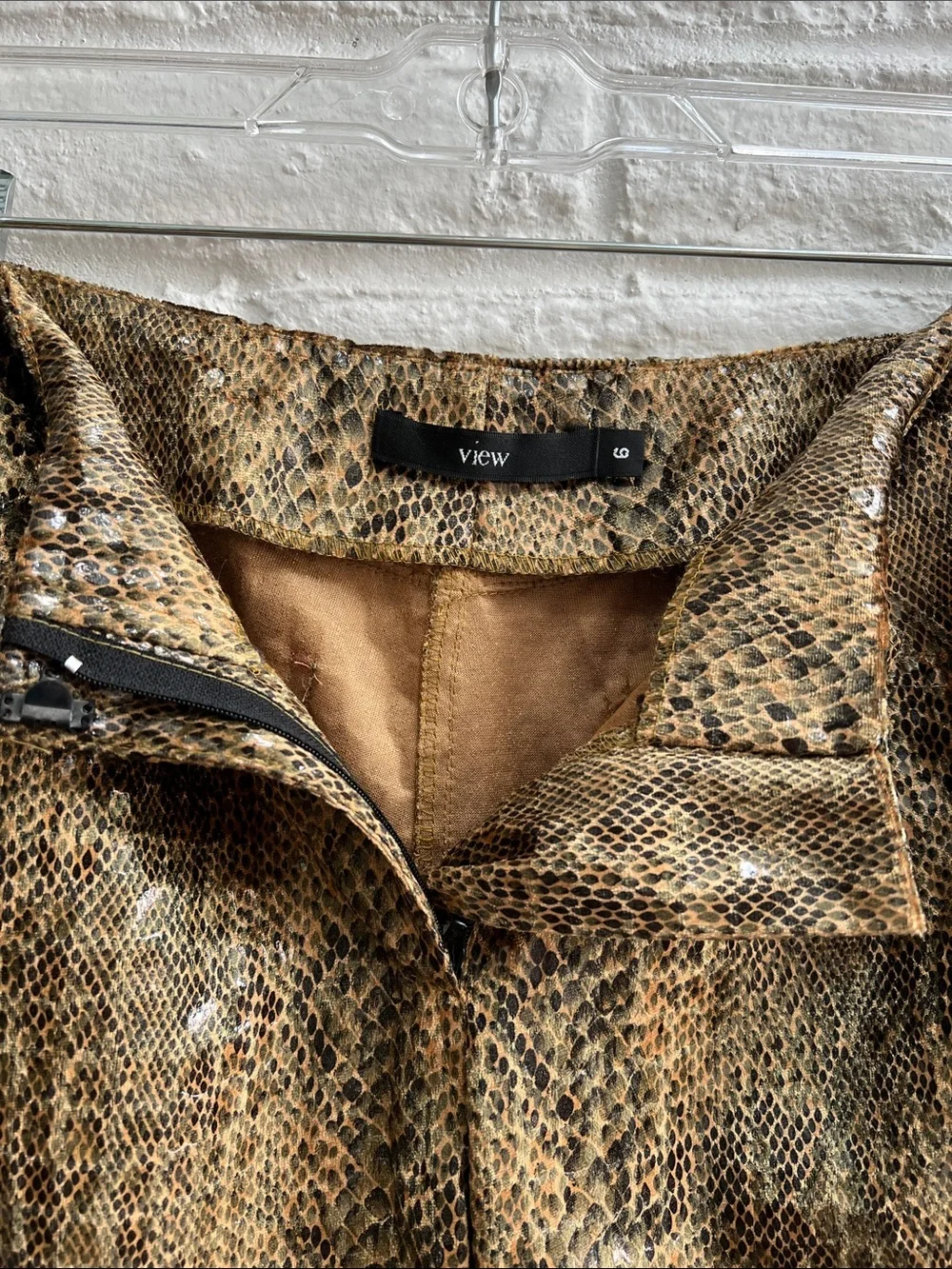 VINTAGE Y2K Tan Metallic Gold Shimmering Snake Scales Low Rise Bootcut Pants 6 - Picture 5 of 11